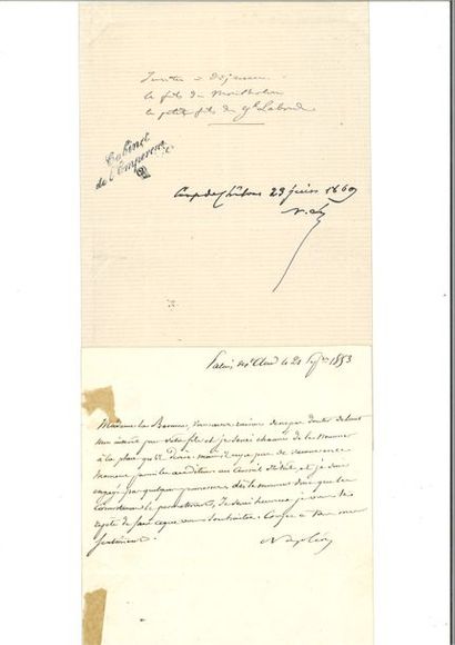 null NAPOLÉON III. 2 billets. 1853 et 1869. – Lettre signée « Napoléon » à la baronne...