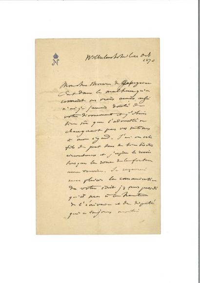 null NAPOLÉON III. Lettre autographe signée « Napoleon » à Bernard Adolphe Granier...