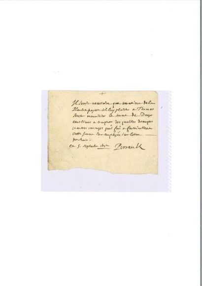 null PERRAULT (Charles). Pièce autographe signée. S.l., 5 septembre 1672. 1 p. petit...