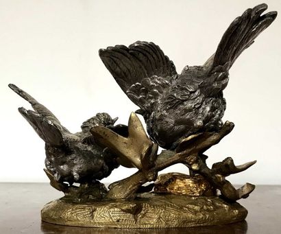 null CHRISTOFLE Deux oiseaux près de leur nid Bronze doré et argenté 12 x 15 x 9...