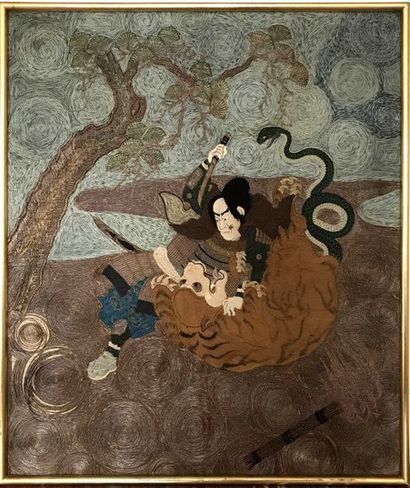 null JAPON Panneau en tapisserie à décor d'un samouraï combattant un singe. Début...