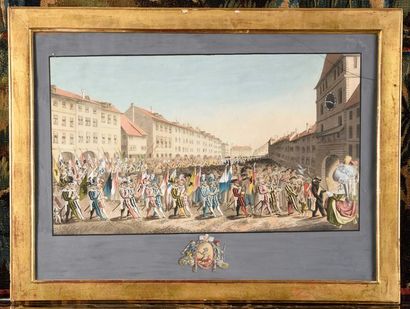 null ECOLE SUISSE du XVIIIe siècle La fête de l'ours à Bern Gravure réhaussée à l'aquarelle...