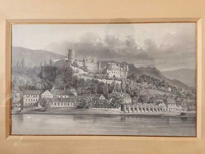 null Théodore du MONCEL (1821-1884) Vue de Heidelberg Crayon et lavis Signé en bas...