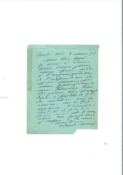 null MONET (Claude). Lettre autographe signée « Claude Monet » à Gustave Geffroy....