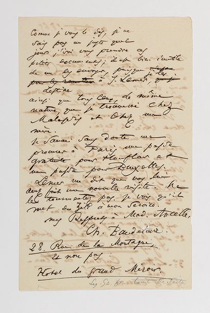 null BAUDELAIRE (Charles). Lettre autographe signée « Ch. Baudelaire » à Narcisse...