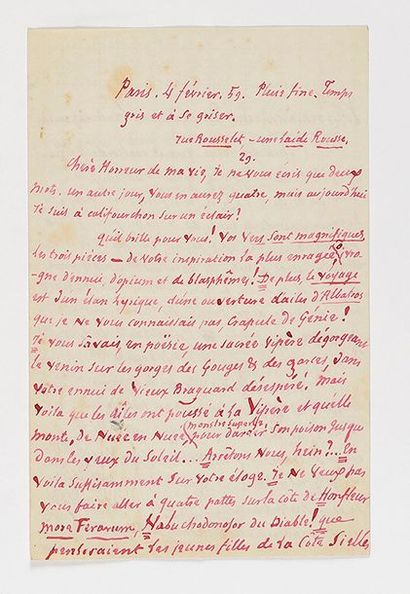 null BARBEY D'AUREVILLY (Jules). Lettre autographe signée à Charles Baudelaire. Paris,...