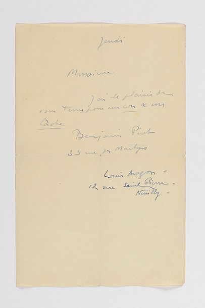 null ARAGON (Louis) et Benjamin Pére t. Lettre autographe signée de Benjamin Péret...