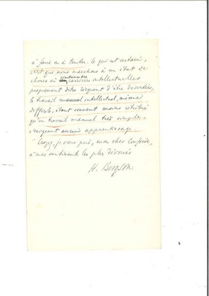 null BERGSON (Henri). Lettre autographe signée à son « cher confrère ». Paris, 2...
