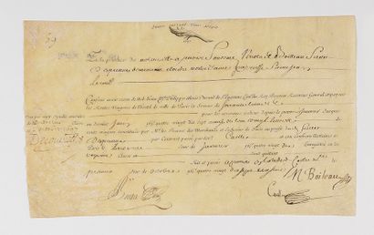 null BOILEAU (Nicolas). Pièce signée. Paris, 1er octobre 1697. 1 p. in-8 oblong gravée...