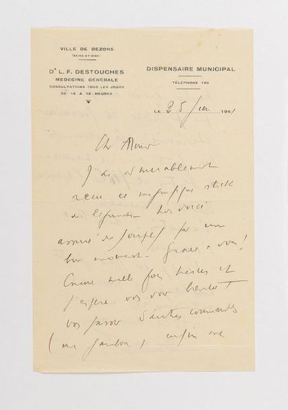 null CÉLINE (Louis-Ferdinand Destouches, dit). Lettre autographe signée « Destouches...