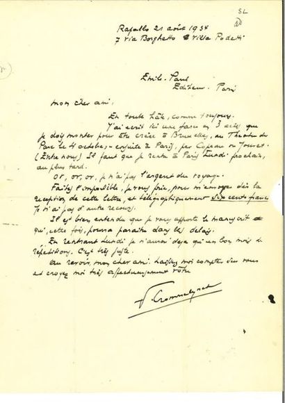 null CROMMELYNCK (Fernand). Lettre autographe signée aux éditions Émile-Paul. Rapallo...