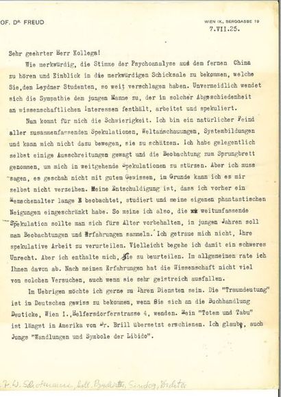 null FREUD (Sigmund). Lettre signée à Johan Wilhelm Schotman. Vienne, 7 juillet 1925....