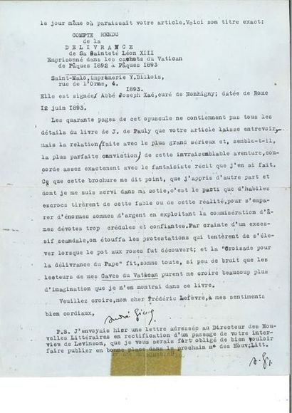 null GIDE (André). Lettre signée en 2 endroits, adressée au bibliographe et critique...