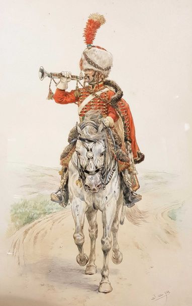 null JOB (1858-1931) « Trompette des chasseurs à cheval de la garde impériale » Aquarelle...