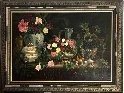 null Paul LAHURE (XIXe) Nature morte aux fleurs et fruits sur un entablement Huile...