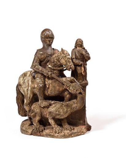 null GROUPE représentant Saint Georges terrassant le dragon en bois sculpté avec...