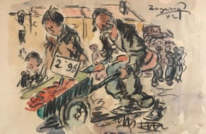 null PRUDENT POHL-ZANAROFF (1885-1966) Le marchand ambulant Fusain et aquarelle sur...