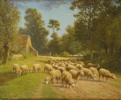 null Charles CLAIR (1860-1930) Le départ du troupeau Huile sur toile Signé en bas...