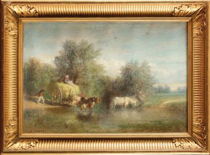 null Constant TROYON (1810 -1865) La traversée du gué Pastel Signé en bas à gauche...