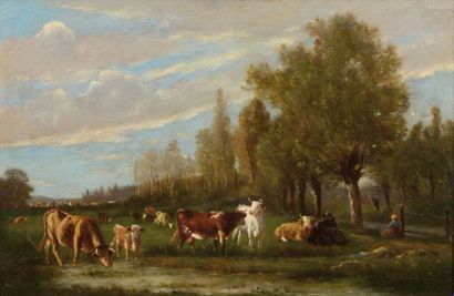 null Félix MOREL-LAMY (act.c.1864-1880) Gardienne et son troupeau Huile sur toile...