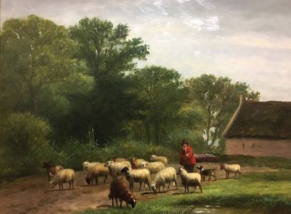 null Louis-Pierre VERWEE (1804-1877) Berger et moutons Huile sur panneau d’acajou...
