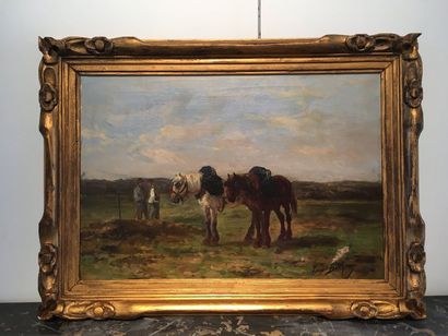 null Ferdinand BONHEUR (1817-1887) Chevaux au repos Huile sur toile Signé et daté...