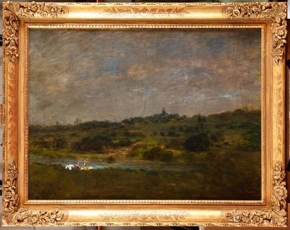 null Auguste POINTELIN (1839-1933) Paysage aux lavandières Huile sur toile Signé...