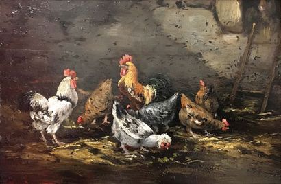 null Ecole Française du XIXe siècle Les Poules Huile sur panneau Signature illisible...