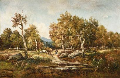 null Camille MAGNUS (1850-?) Fagotière en sous-bois Huile sur toile Signé en bas...