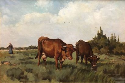 null Walter BIDDLECOMBE (1855-1903) Les deux vaches Huile sur toile Signé en bas...