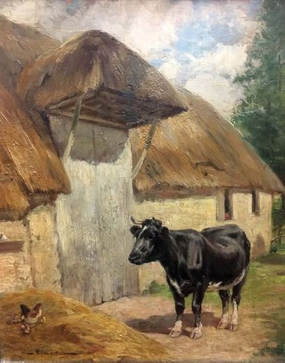 null Auguste VIMAR (1851-1916) Vache et poule près d'une chaumière Huile sur panneau...