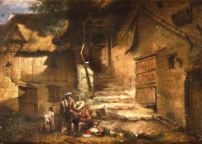 null Charles Emile JACQUE (1813-1894) Intérieur de ferme Huile sur panneau Signé...