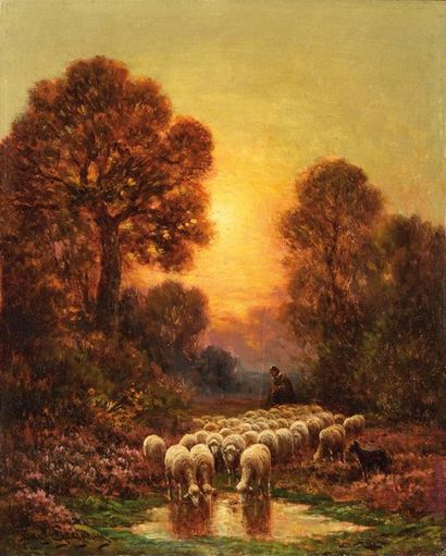 null Paul CHAIGNEAU (1879-1938) Troupeau de moutons au crépuscule Huile sur panneau...