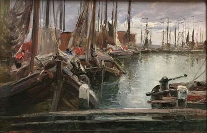null Gaston ROULLET (1847-1925) Port Hollandais Huile sur toile Signé en bas à droite...