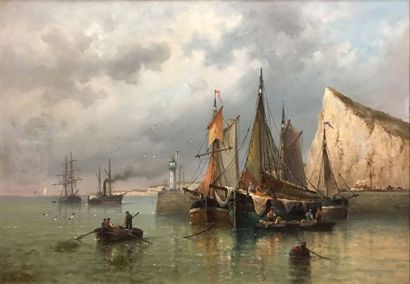 L. PRERETTE (XIX) Bateaux au port Huile sur...