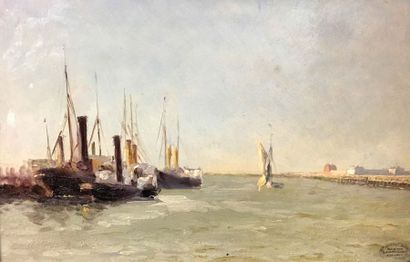 null Louis Joseph ANTHONISSEN (1849-1913) Port d'Ostende Huile sur panneau Cachet...