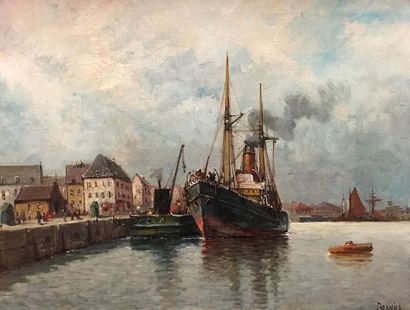 BERNIER (XIXe) Bateaux au port Huile sur...