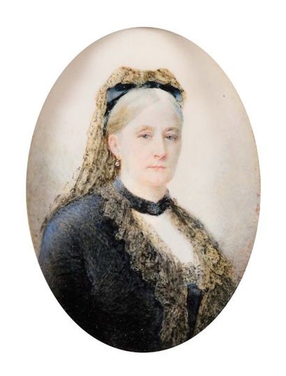null Fanny JACQUIER (XIX) Portrait de la Reine Victoria en robe bleue et col de dentelle...