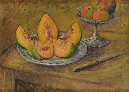 null Gustave LOISEAU (1865-1935) Nature morte au melon Huile sur carton Non signé...