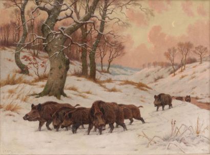 null Georges Frédéric RÖTIG (1873-1961) Sangliers dans la neige, Clair de Lune Huile...