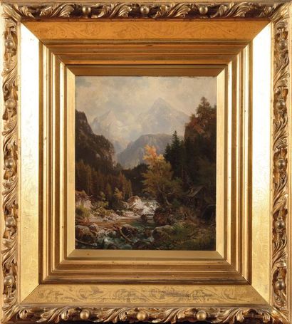 null Ludwig SKELL (1842-1905) Paysage de montagne Paire d’huiles sur panneaux Signé...