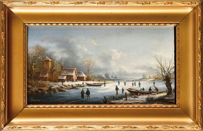 null Albert LENOIR (1801-1891) Paysage de neige Huile sur panneau d'acajou Signé...