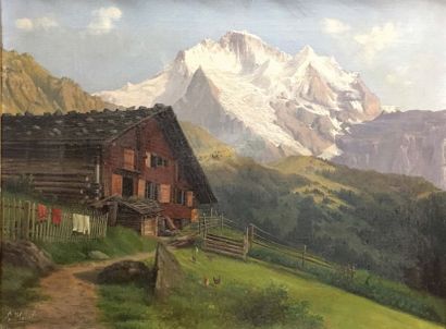 null Ernst I HODEL (1852-1902) Paysage de montagne Huile sur toile Signé en bas à...