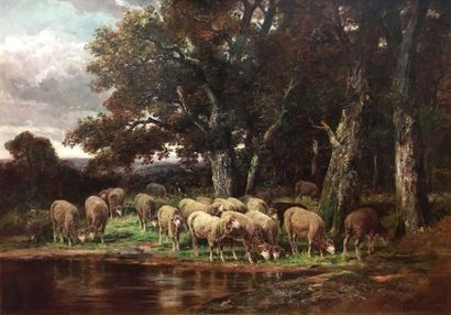 null James DESVARREUX-LARPENTEUR (1847-1937) Troupeau de moutons en forêt Huile sur...