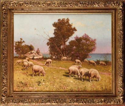 null René Charles Edmond HIS (1877-1960) Moutons et bergers Huile sur toile Signé...