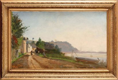 null Jules GENESTE (1826-1889) Chemin animé au bord de la rivière Huile sur toile...