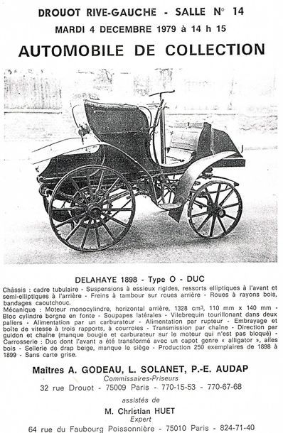 1898 Delahaye Type 0 Numéro moteur 602

Numéro boîte de vitesse 602

Carte grise...