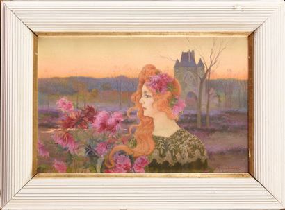 null Michel KOROCHANSKY (1866-1925) Paysage animé au visage féminin Huile sur toile...