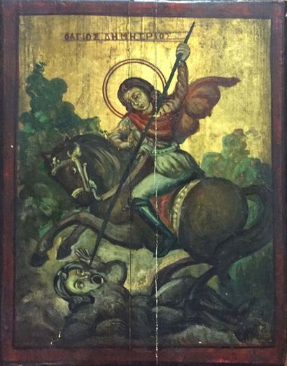 null ICÔNE Saint Dimitri à cheval terrassant l'ennemi barbare. Celui ci est représenté...