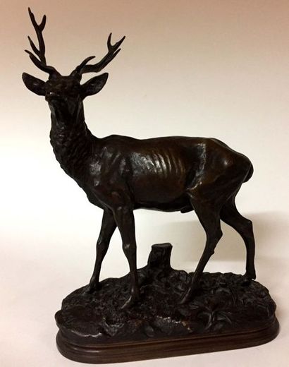 null Alfred DUBUCAND (1828-1894) Cerf Bronze Signé sur la terrasse 43 x 29 x 12 ...